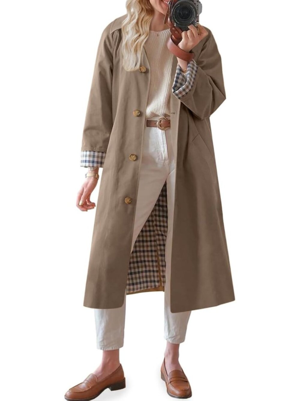 Women's Camel Trench Oversized Button Down Checkered Long Sleeve Single Coat